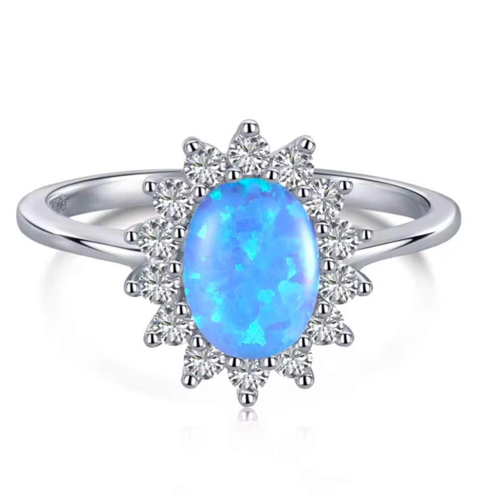 S925 Sterling Silver Clear Sunflower Sea Blue Opal Cubic Zirconia Ring